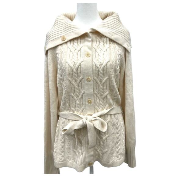 Talbots Cable-Knit Belted Cardigan Cream Shawl Collar Tie Waist Women Small - Picture 2 of 8